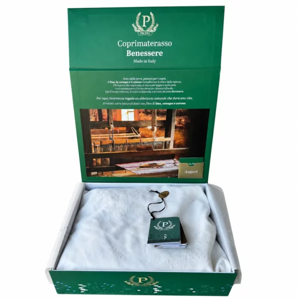 Coprimaterasso Benessere Profili Matrimoniale con Federe_risultato Coprimaterasso Benessere Profili matrimoniale a cappuccio con elastico perimetrale in lino, canapa e cotone, completo di due federe copricuscino, Made in Italy